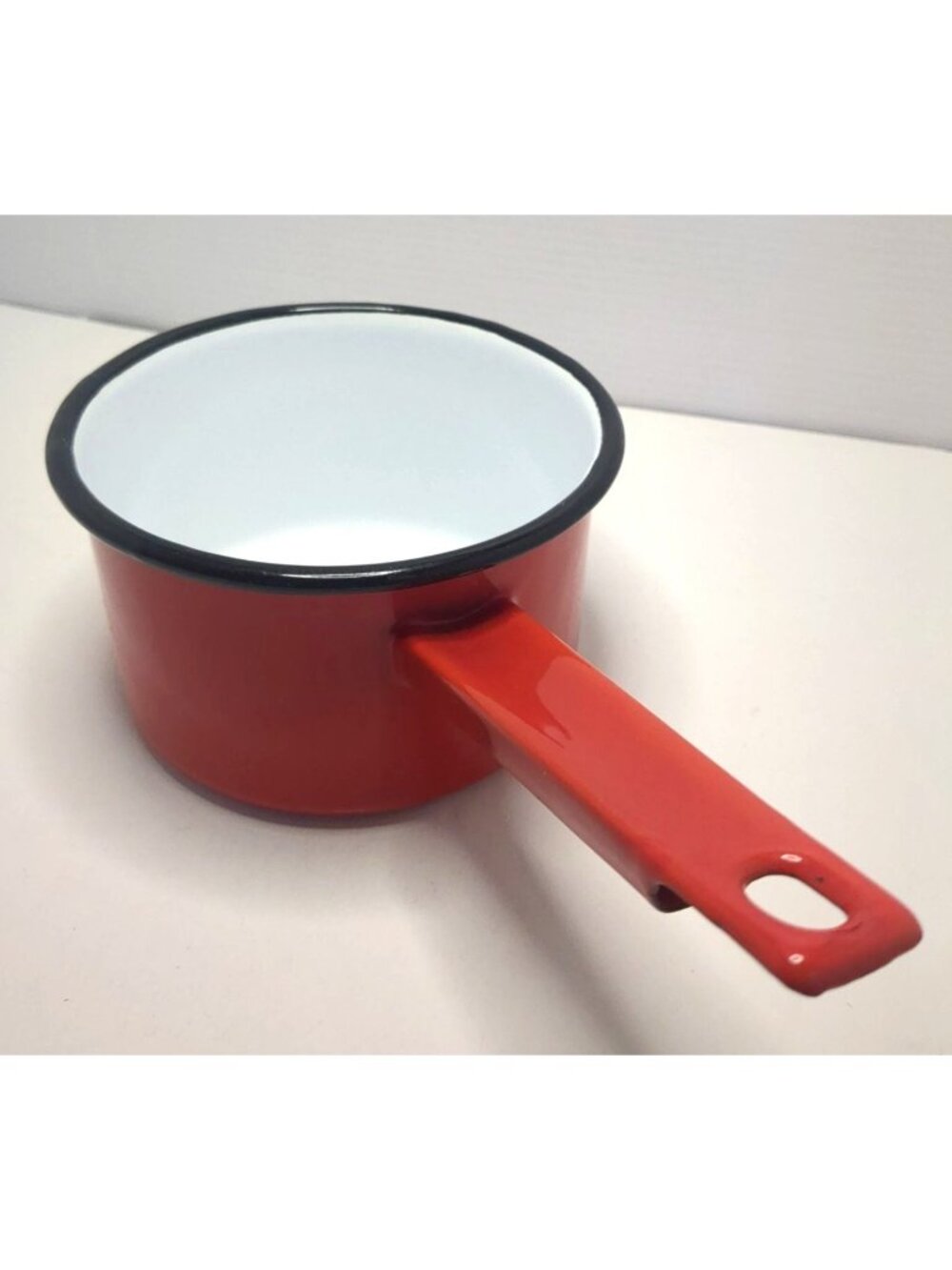Vtg Red Enamel Saucepan White Interior & Black Rim Handle Hanging Hole 6-Inch